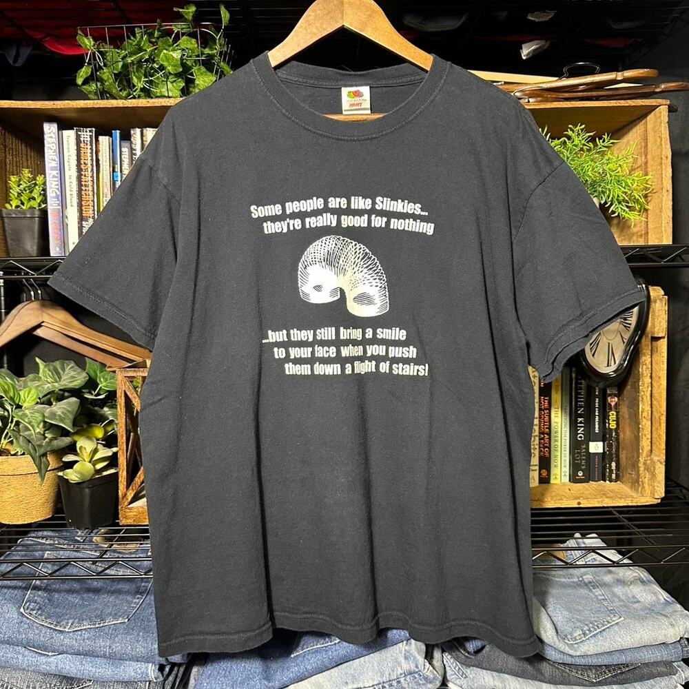 Vintage Y2K Funny Dark Humor Joke Tee Mens XL Black and White Text Slinky Shirt